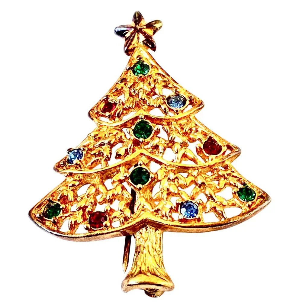 Eisenberg Ice Vtg Christmas Tree Brooch Pin Gold Tone Multi-color Rhinestones